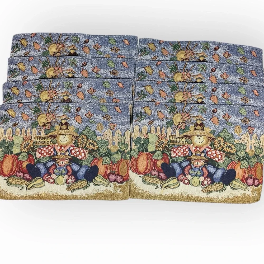 Set of 8 Vintage Fall Tapestry Placemats Happy Harvest Scarecrow Thanksgiving‎